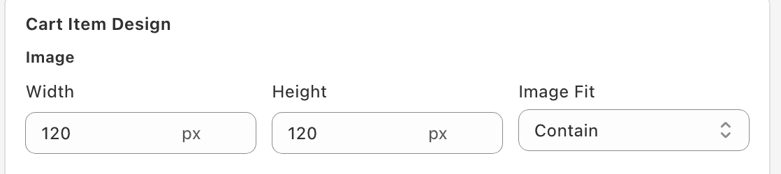 Cart Item Design panel showing Image Width, Height, and Image Fit fields