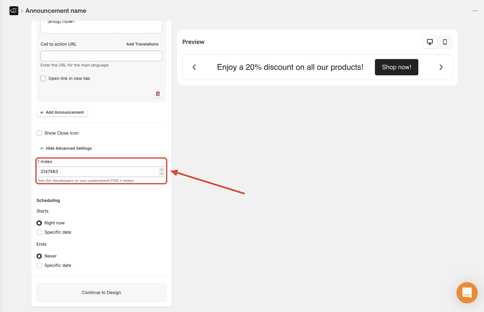 Advanced settings expanded on the Content tab with the Z-Index field highlighted, showing the default value 2147483