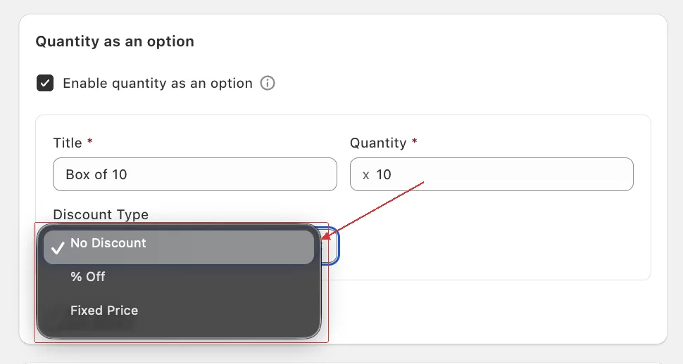 The Discount Type dropdown open on a box option, showing No Discount, % Off and Fixed Price
