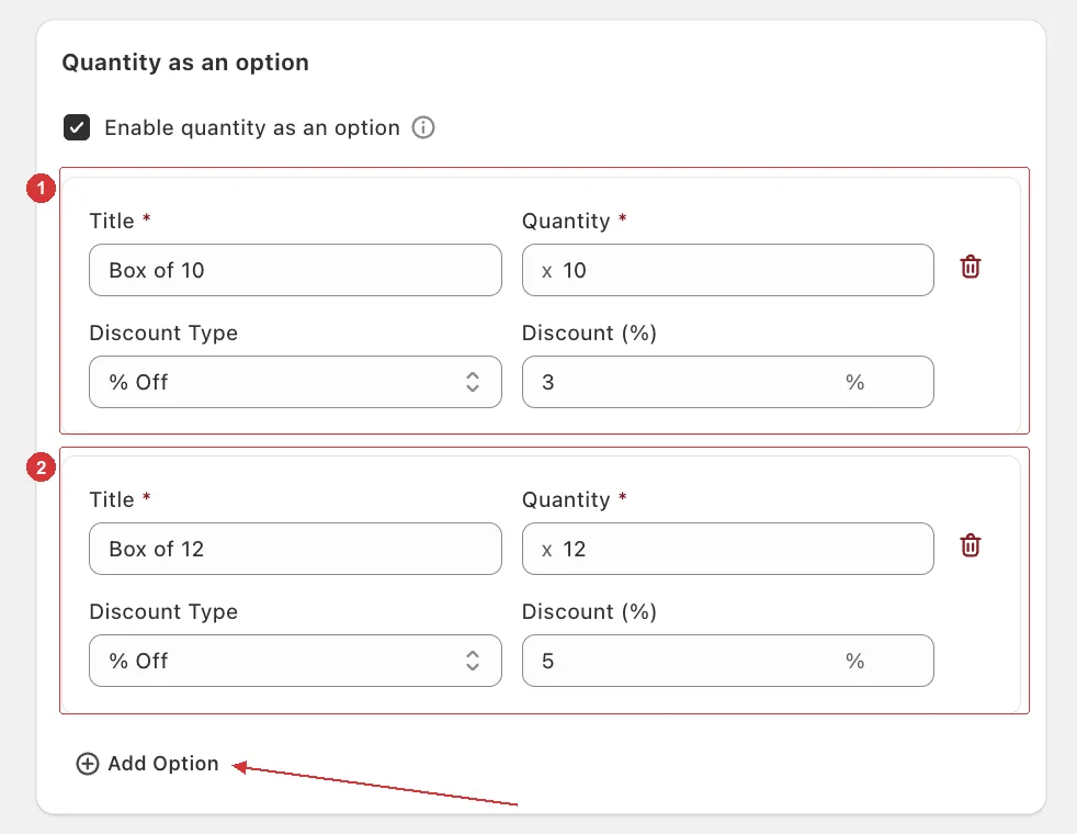 Two box options configured — Box of 10 at 3% off and Box of 12 at 5% off — with an arrow pointing to the Add Option button