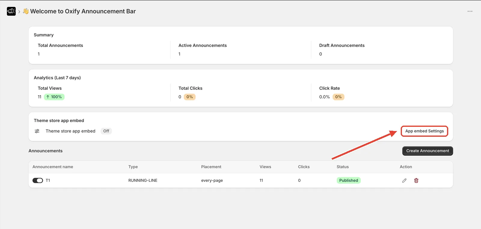 Oxify Announcement Bar dashboard showing the Summary, Analytics, and Theme store app embed cards above the announcements table, with the App embed Settings button highlighted