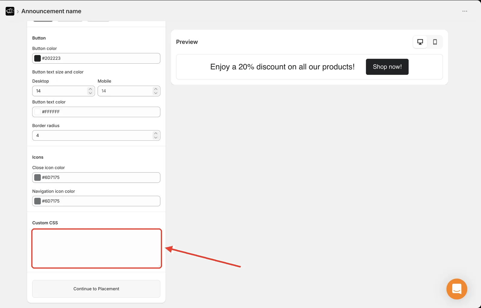 Design tab with the Custom CSS card highlighted at the bottom of the settings panel