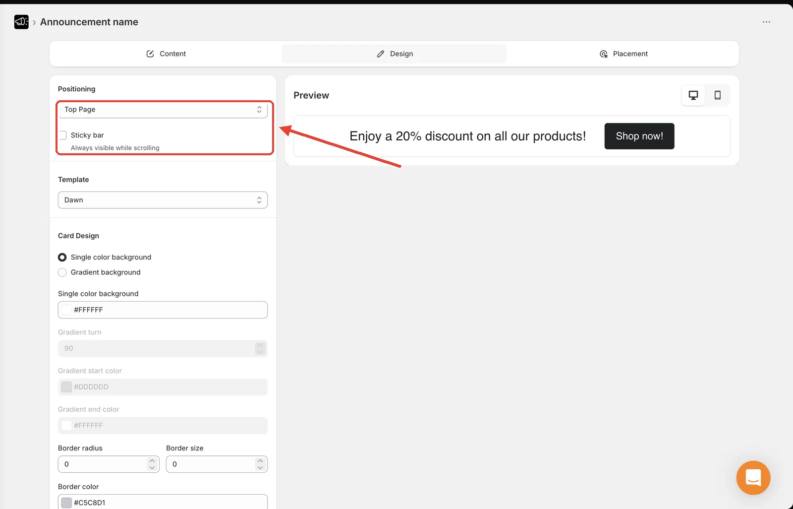 Design tab with the Positioning card highlighted, showing the Position dropdown set to Top Page and the Sticky bar checkbox