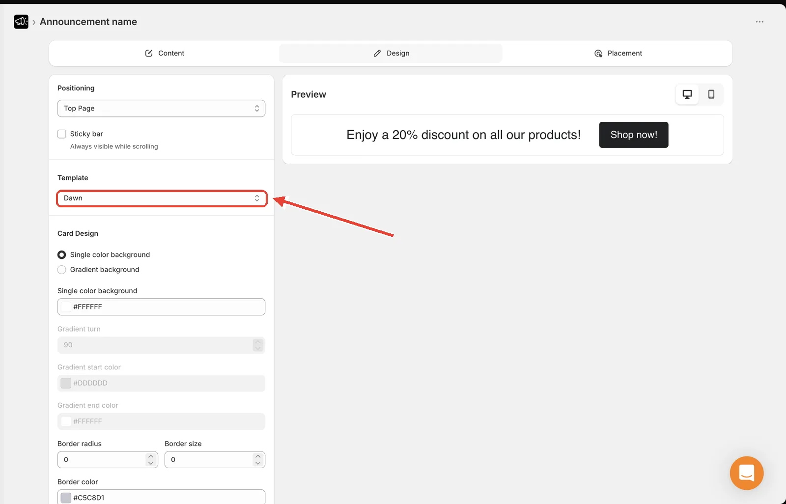 Design tab with the Template dropdown highlighted, set to Dawn
