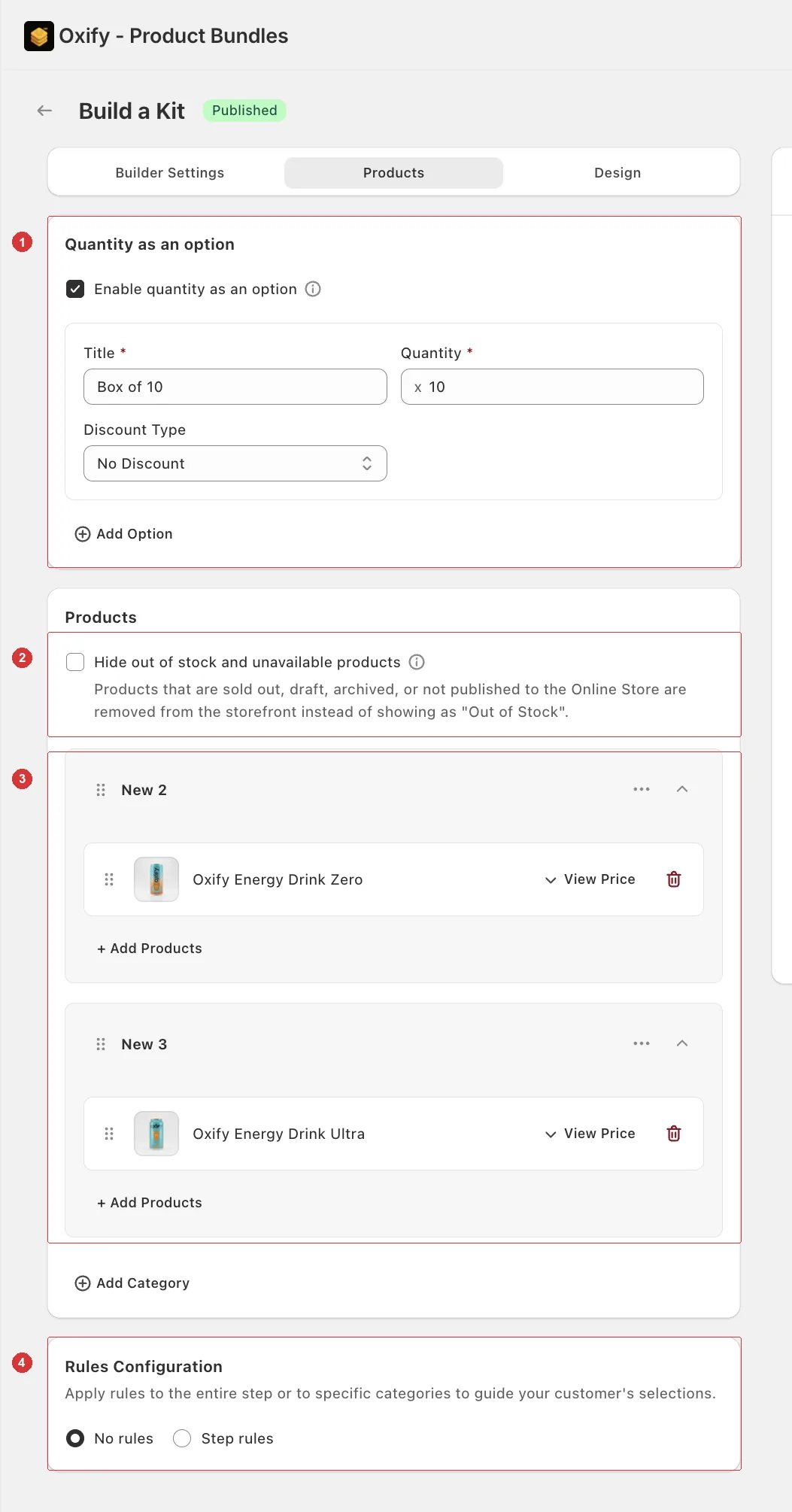 The Products tab settings panel with the Quantity as an option card, the Hide out of stock checkbox, the category list, and the Rules Configuration card numbered