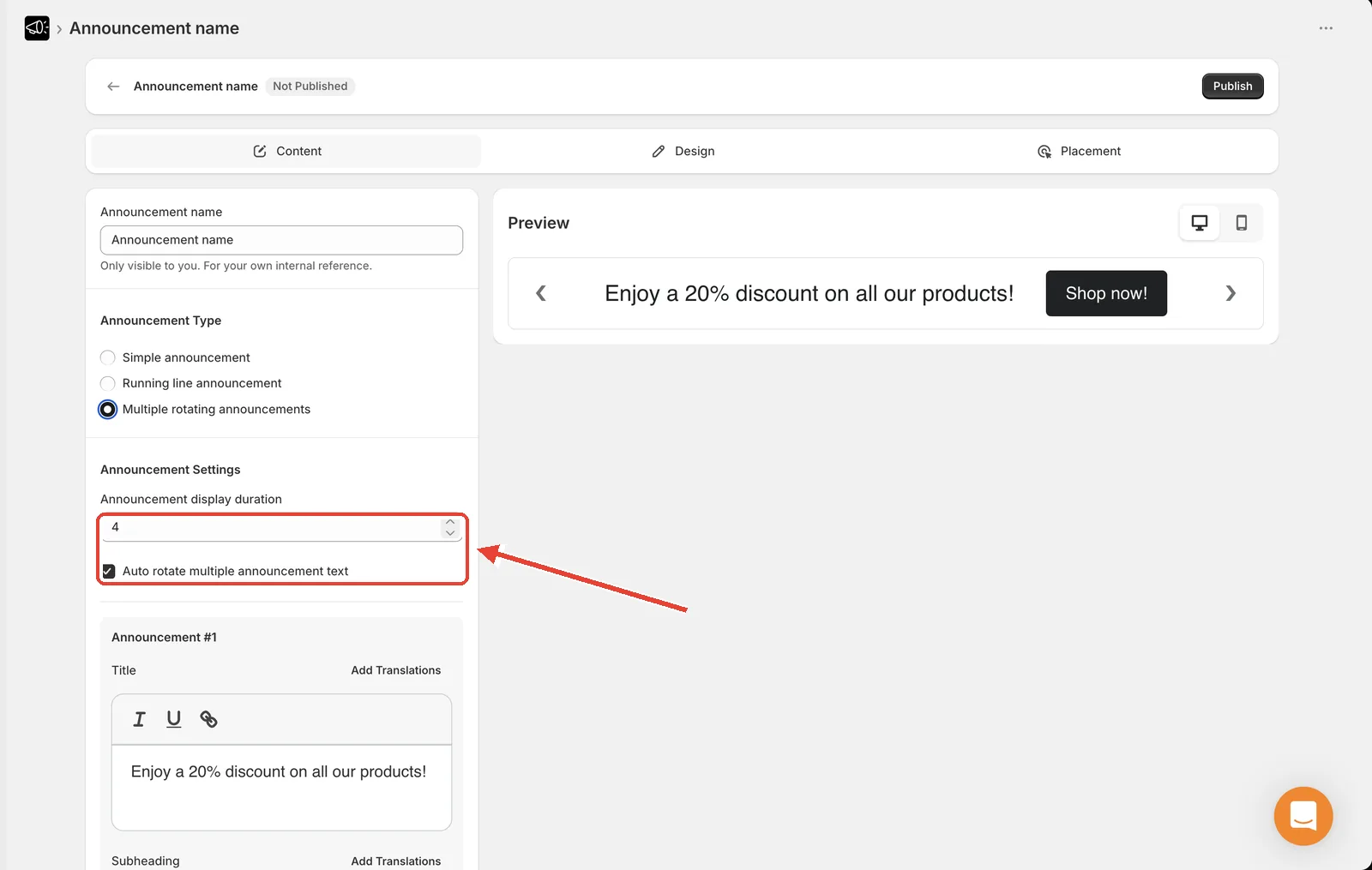 Multiple rotating announcements settings with the display duration field and Auto rotate checkbox highlighted, and navigation arrows visible in the preview