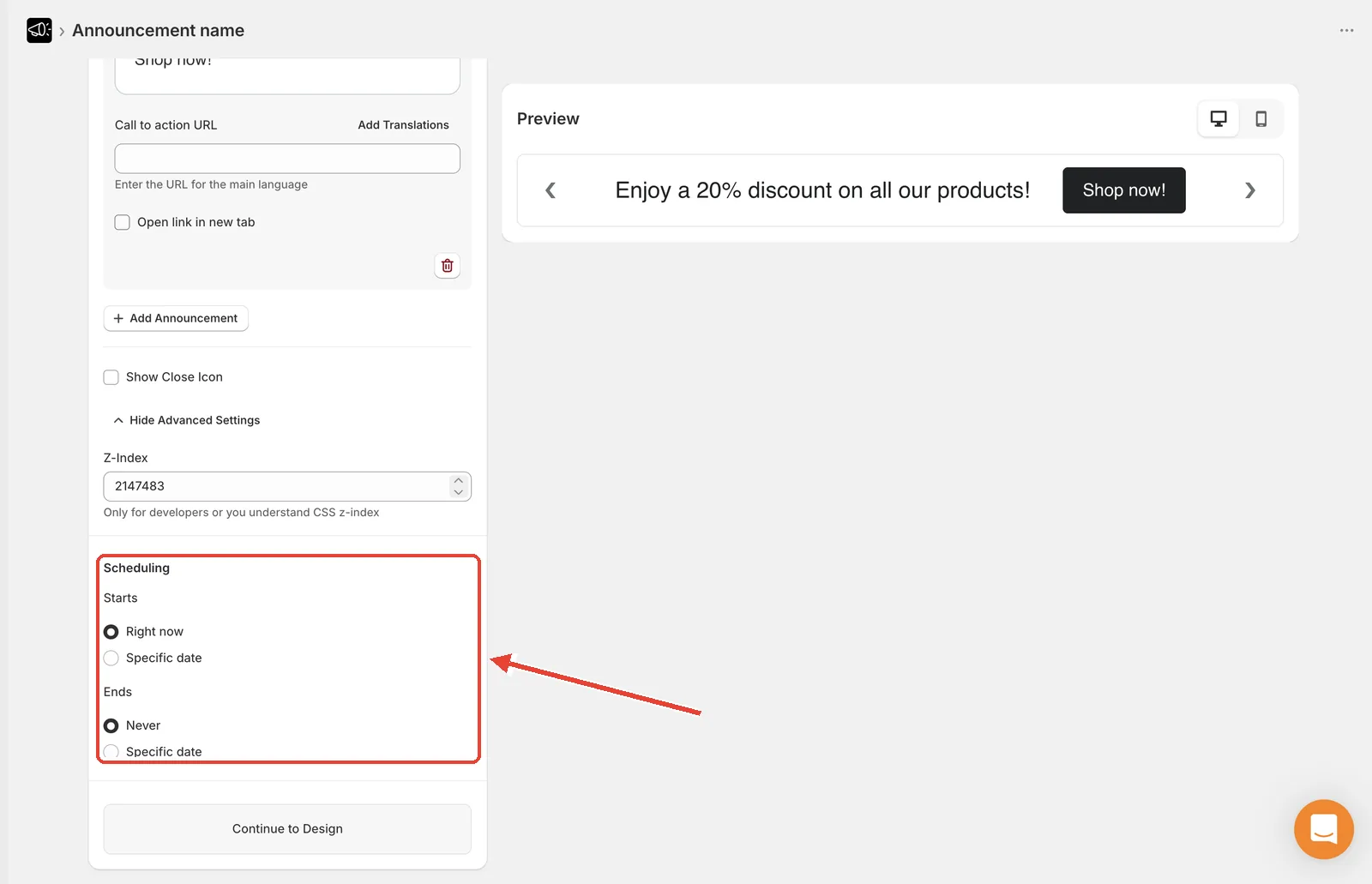 Scheduling card on the Content tab highlighted, showing the Starts options Right now and Specific date, and the Ends options Never and Specific date