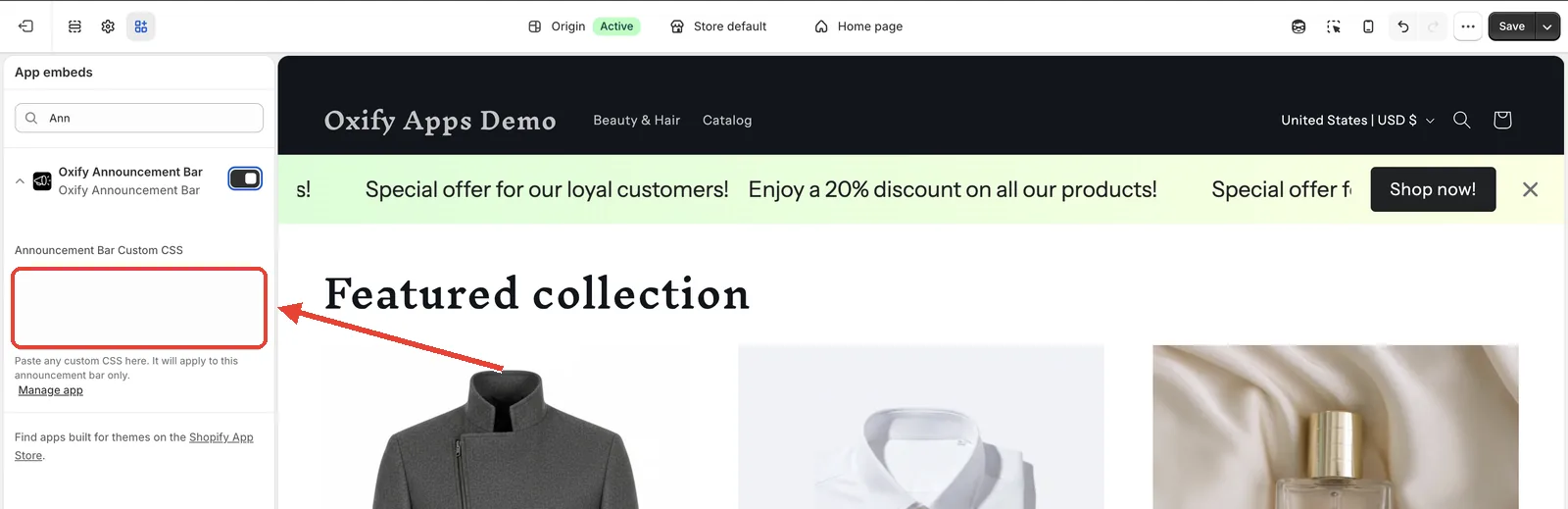 Shopify theme editor App embeds panel with the Announcement Bar Custom CSS field highlighted
