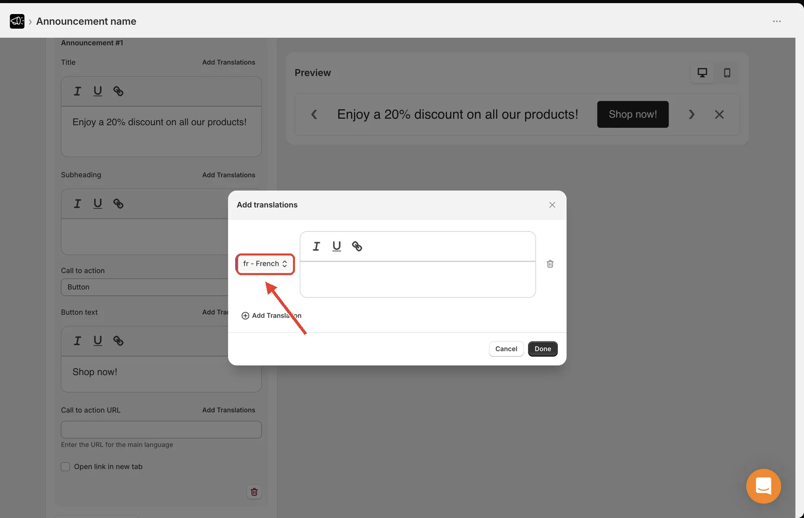Add translations modal with the language selector highlighted, set to fr - French, above a rich text field and the Add Translation button