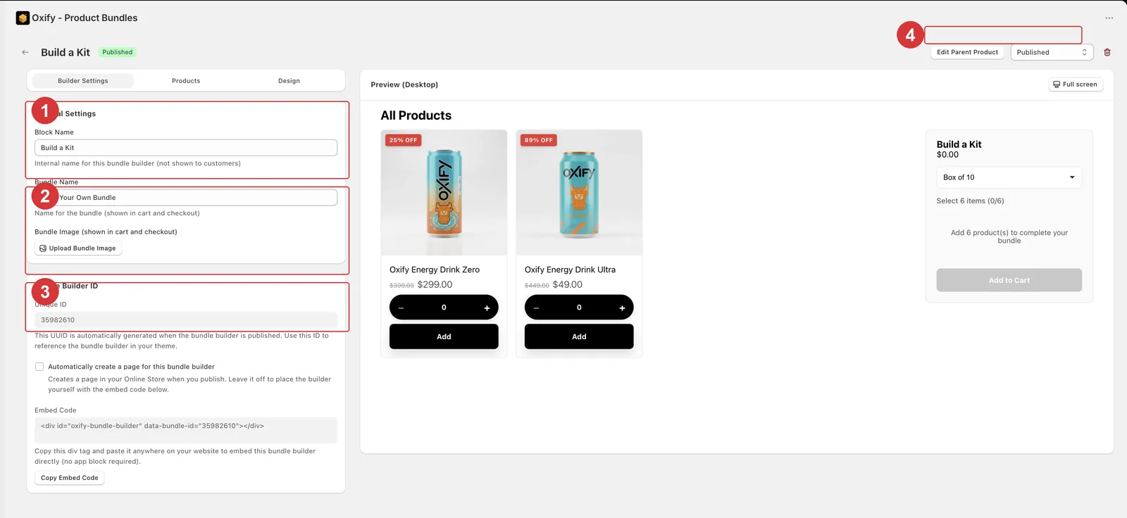 Builder Settings tab with General Settings, Bundle Builder ID, Embed Code and the status dropdown numbered, next to the live preview