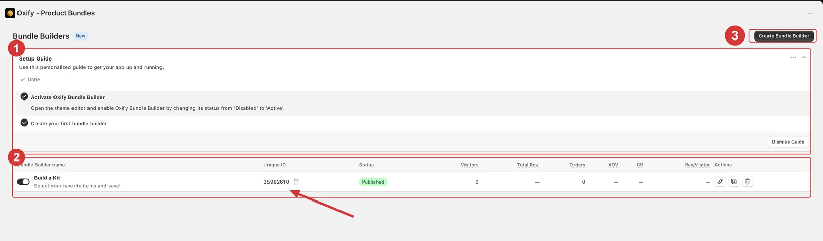 Bundle Builders list showing the per-builder performance columns — Visitors, Total Rev., Orders, AOV, CR and Rev/Visitor