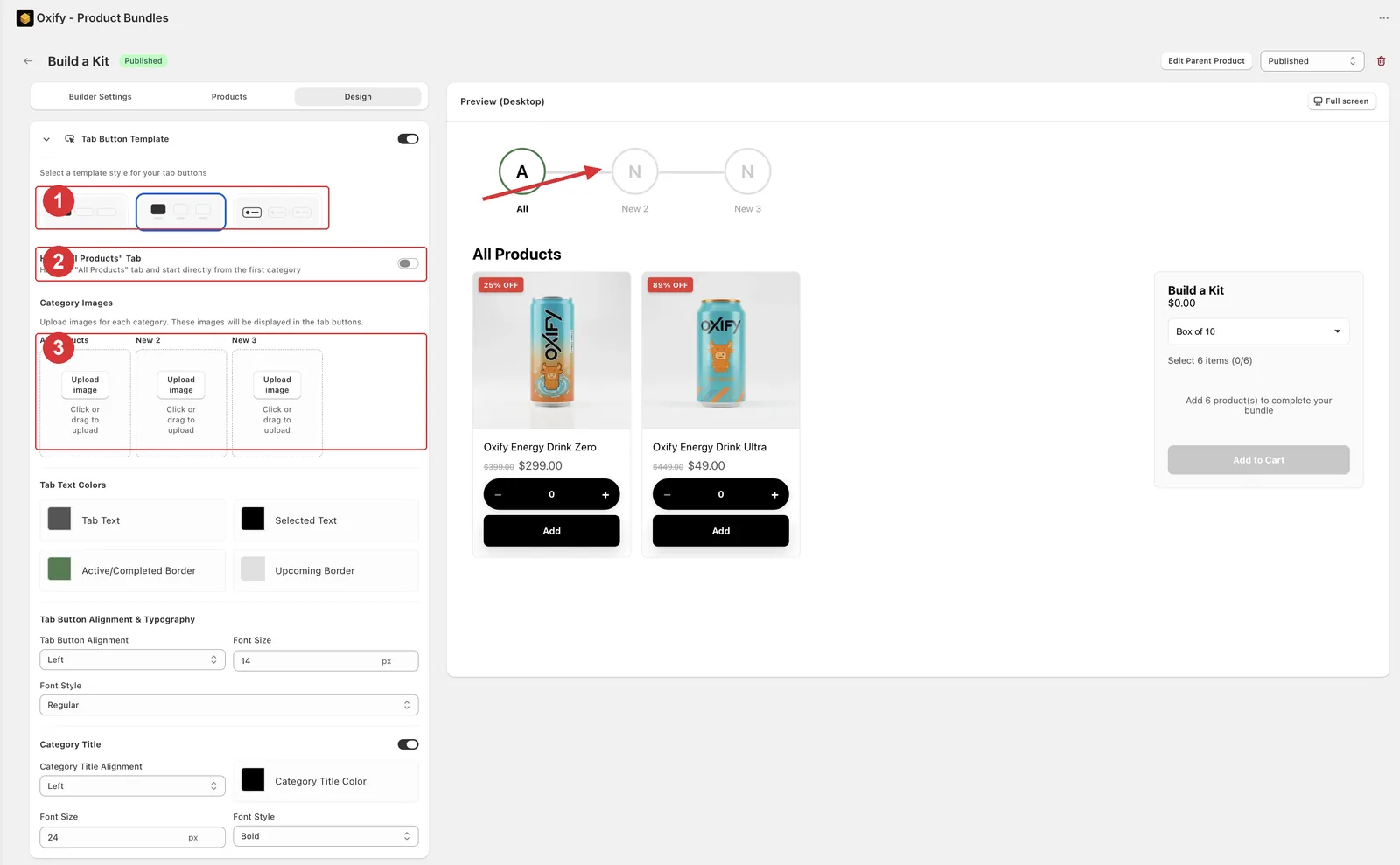 Tab Button Template card with the three template previews, the Hide All Products toggle and Category Images numbered, and an arrow to the stepper rendering in the live preview