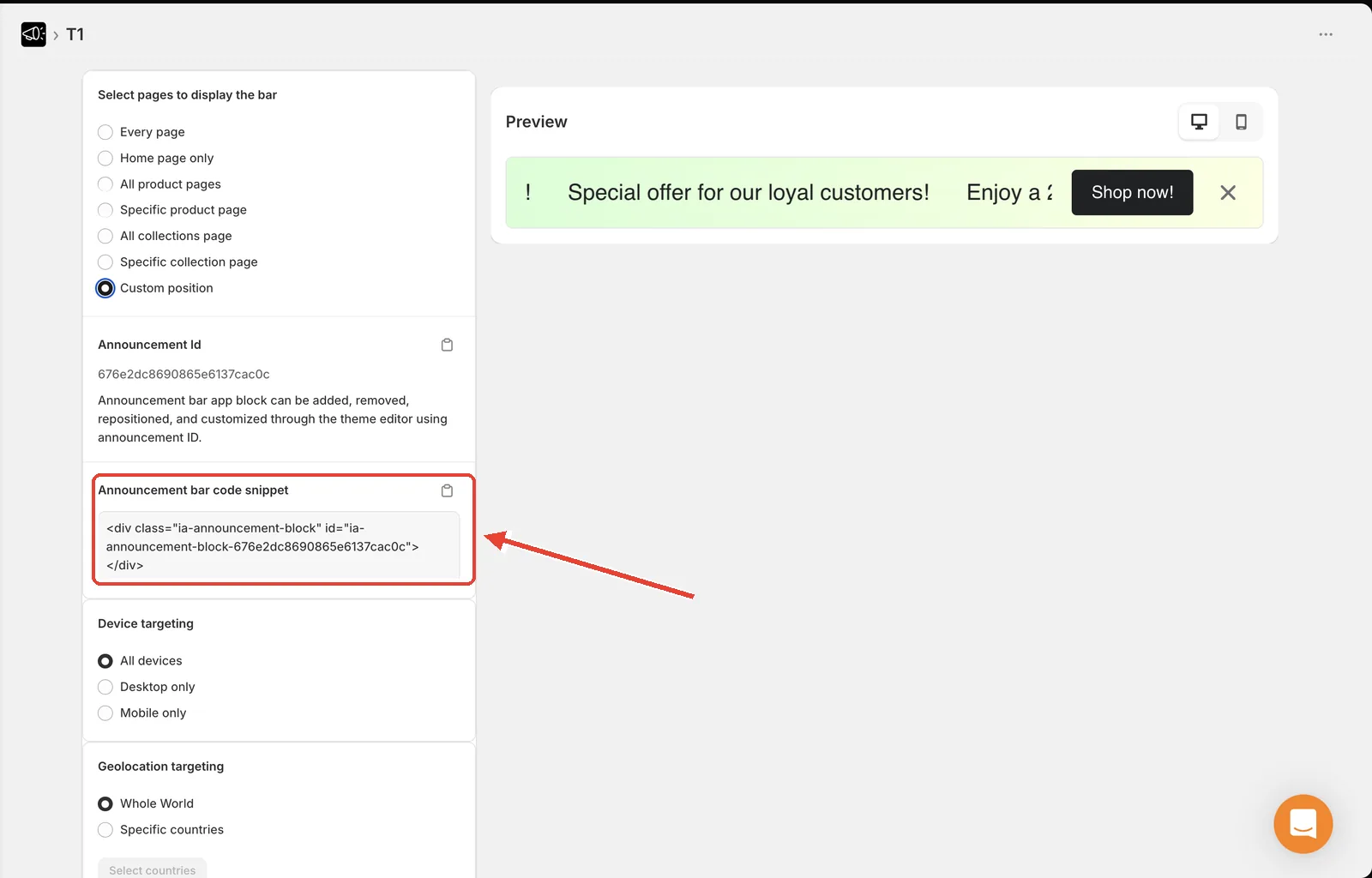 Placement tab with Custom position selected and the Announcement bar code snippet card highlighted, showing the generated div and announcement ID