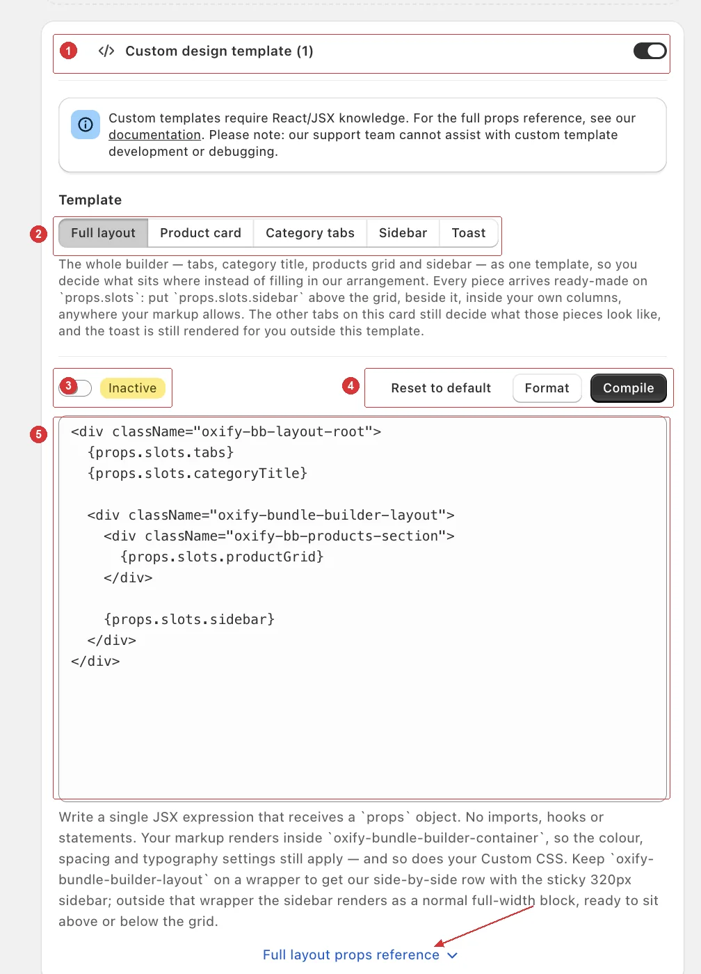 The Custom design template card showing the five template tabs — Full layout, Product card, Category tabs, Sidebar, and Toast — above a JSX code editor