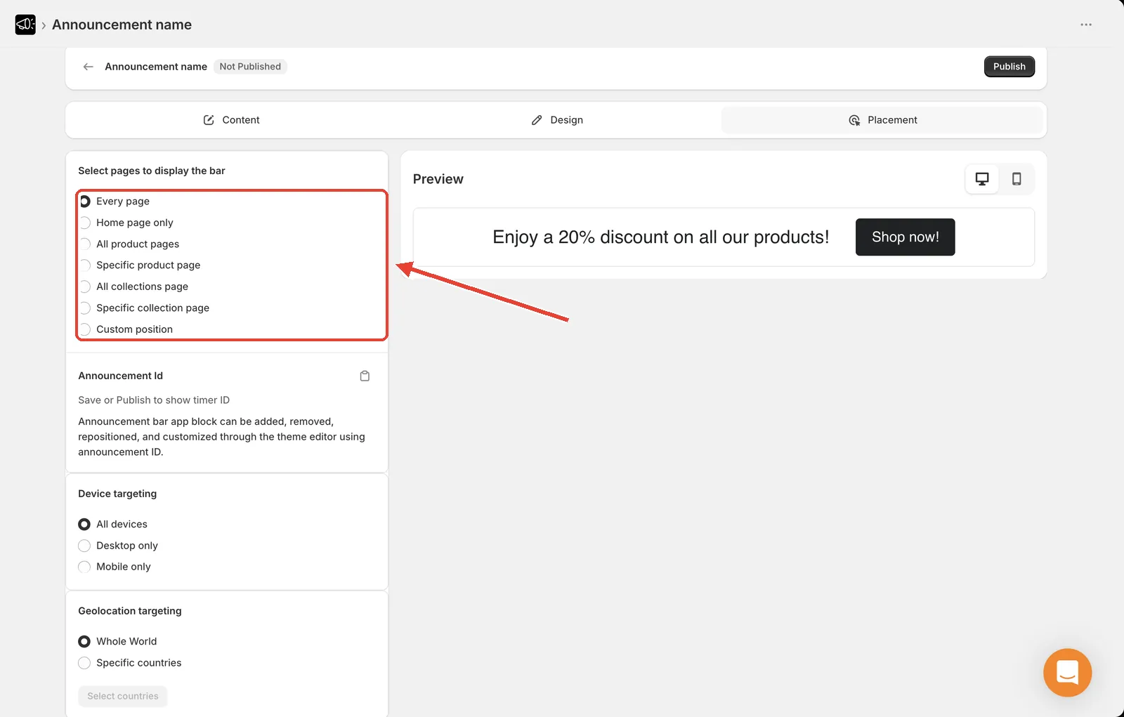 Placement tab with the Select pages to display the bar card highlighted, listing all seven placement options from Every page to Custom position