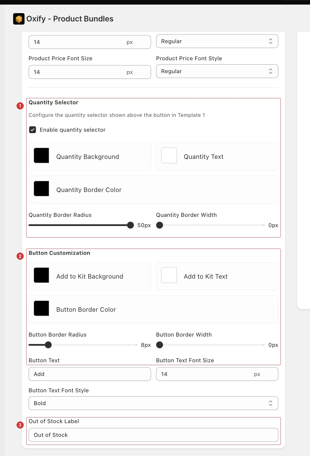 Quantity Selector, Button Customization and Out of Stock Label sections of the Product Card Template card, numbered