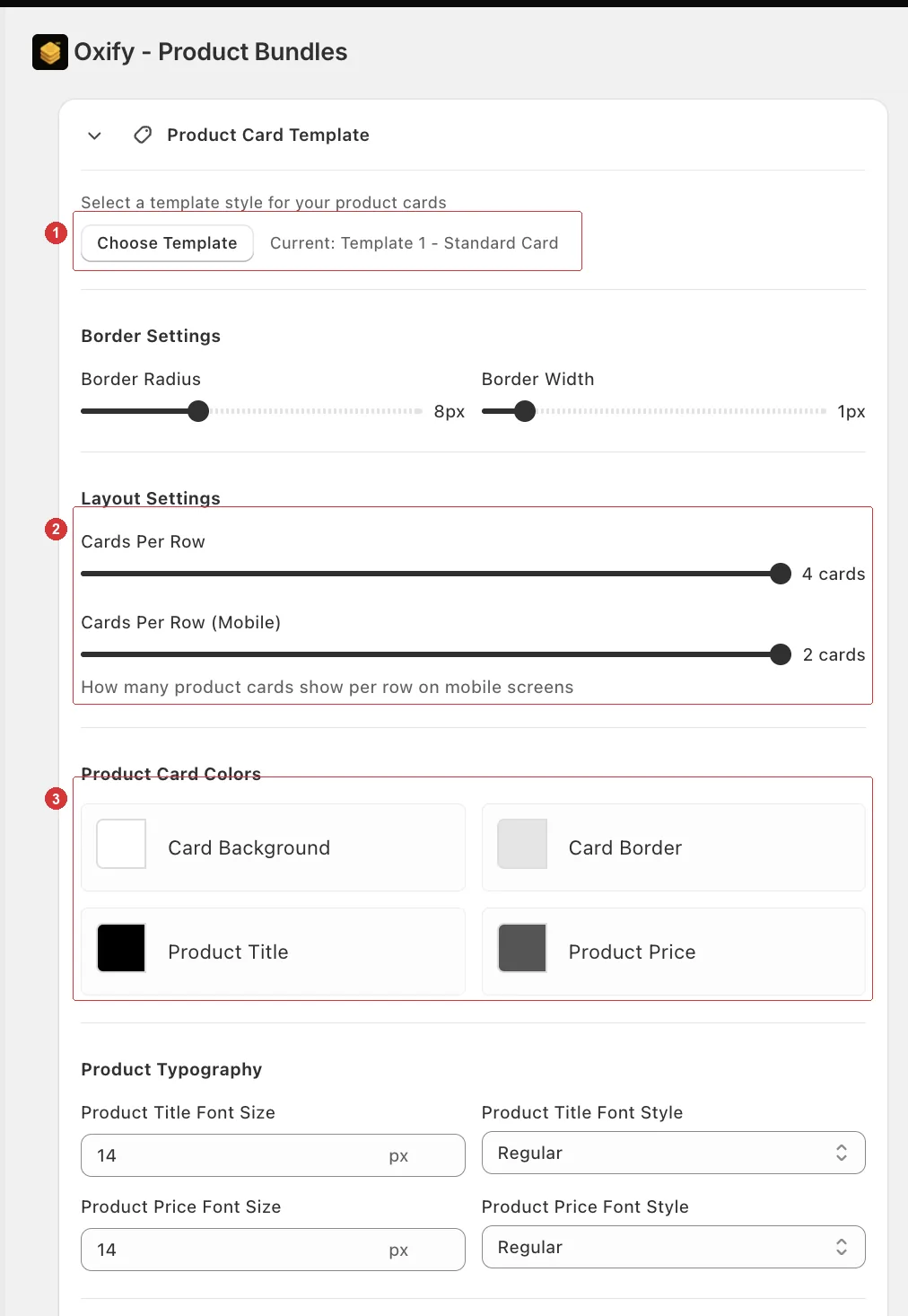 Product Card Template card with Choose Template, the two Cards Per Row sliders, and the colour pickers numbered