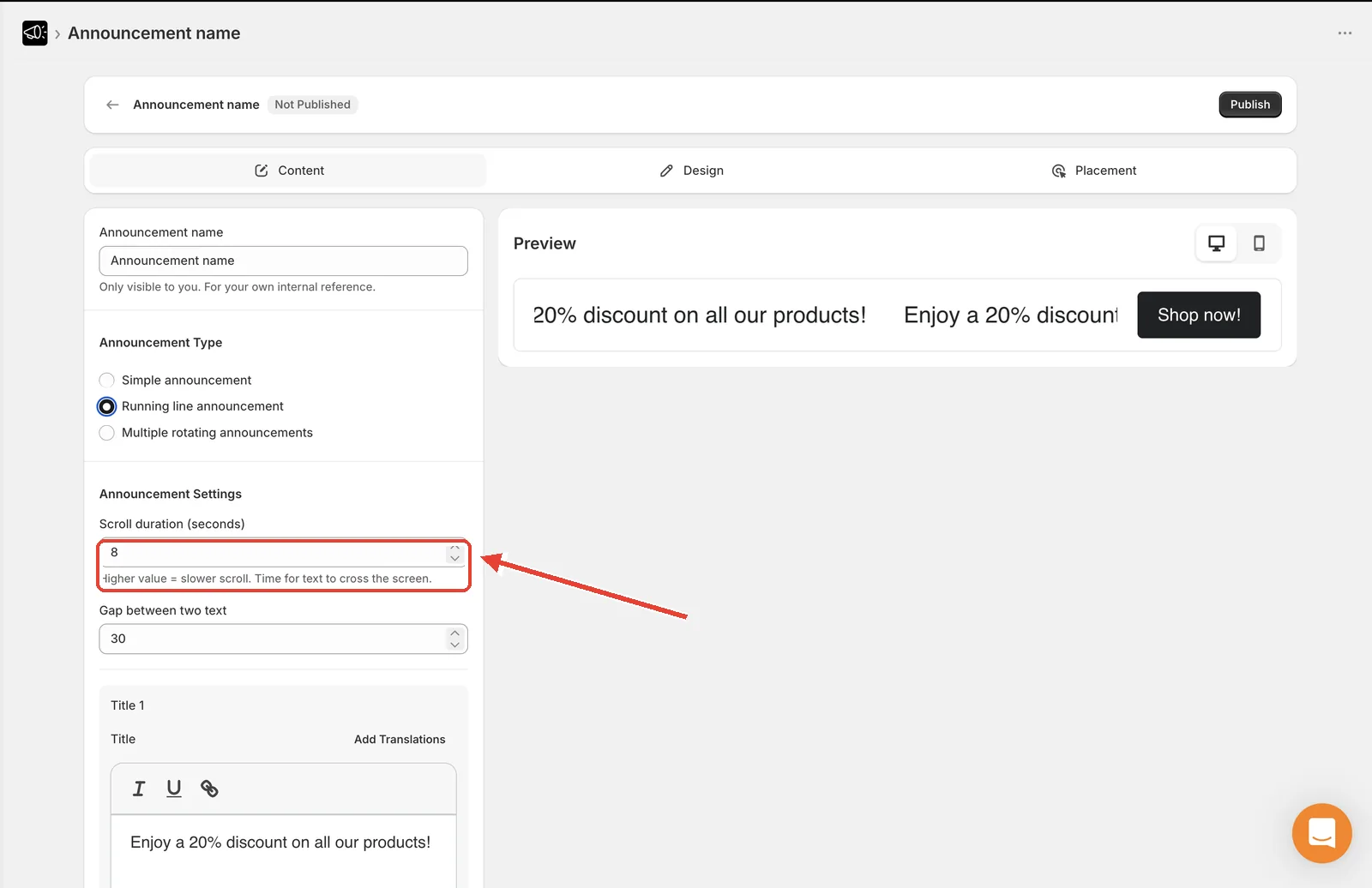 Running line announcement settings with the Scroll duration and Gap between two text fields highlighted
