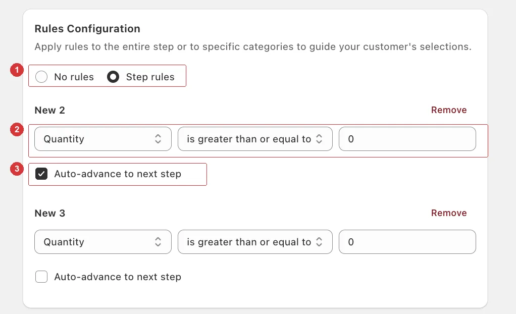 Rules Configuration card with Step rules selected and two per-category rules, one with Auto-advance ticked