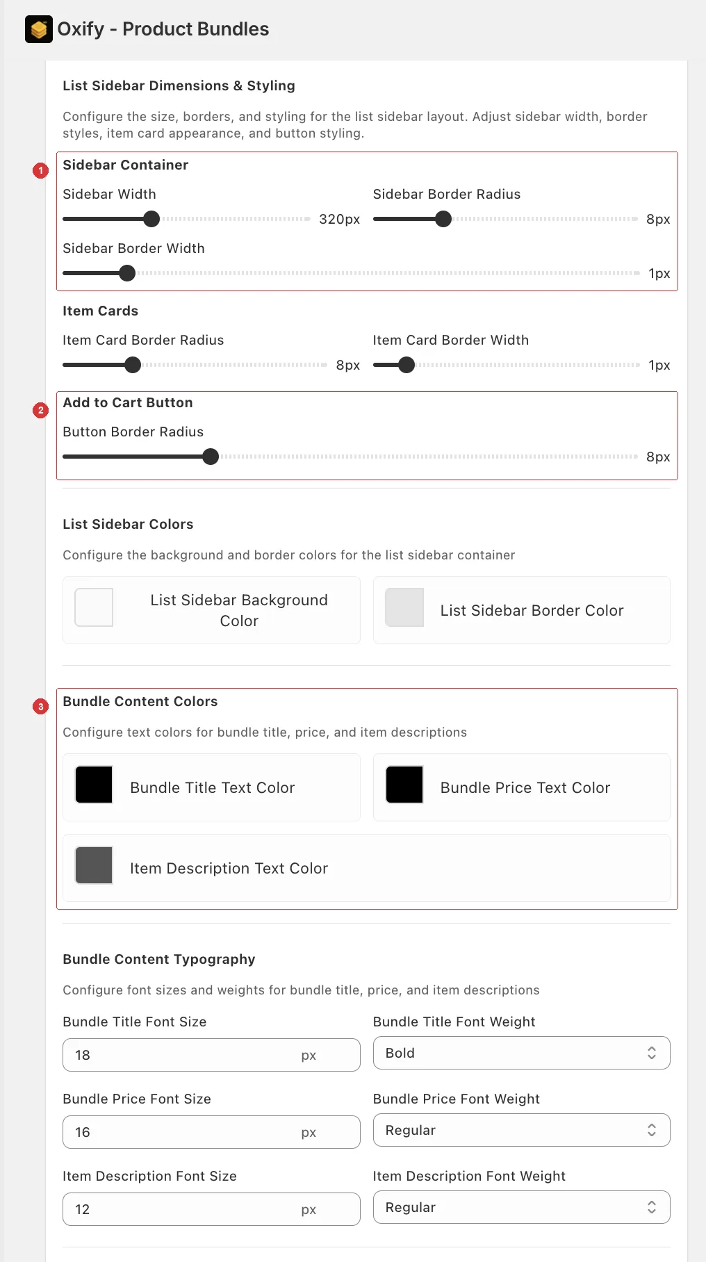 List Sidebar Dimensions and Styling section with the sidebar container sliders, add-to-cart button radius, and bundle content colours numbered