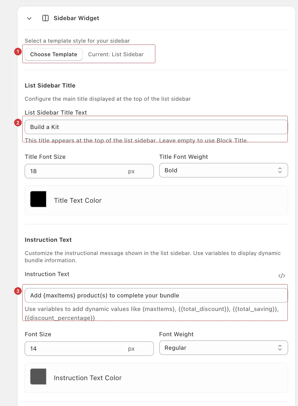 Sidebar Widget card with Choose Template, the sidebar title field and the instruction text field numbered