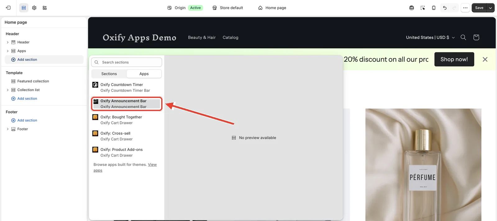 Shopify theme editor block picker on the Apps tab with the Oxify Announcement Bar entry highlighted