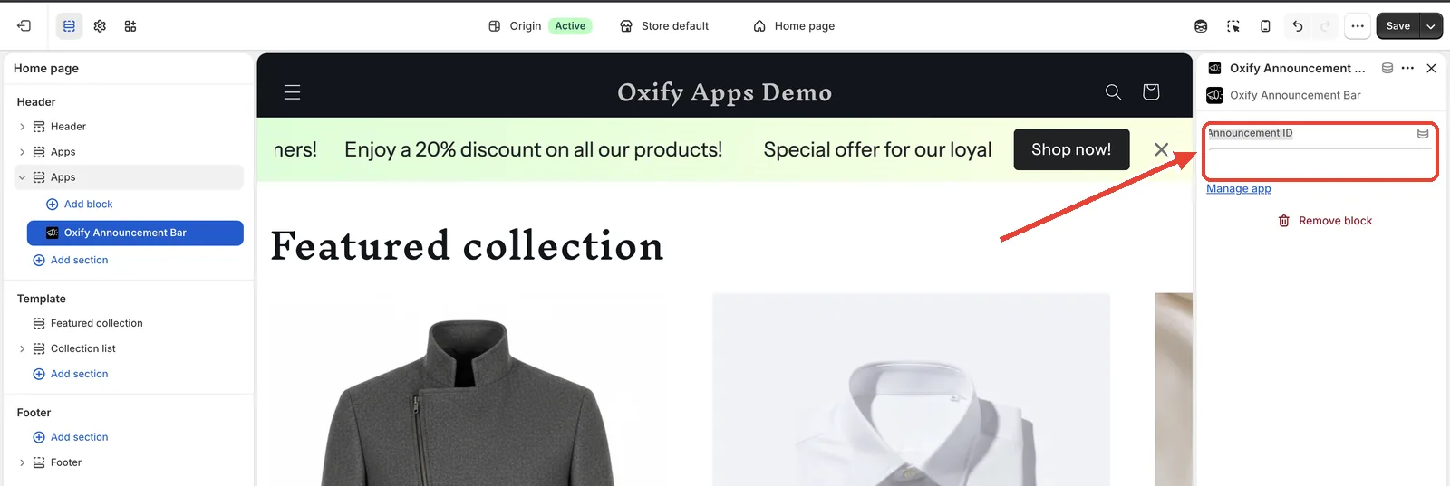 Oxify Announcement Bar app block settings in the theme editor with the Announcement ID field highlighted