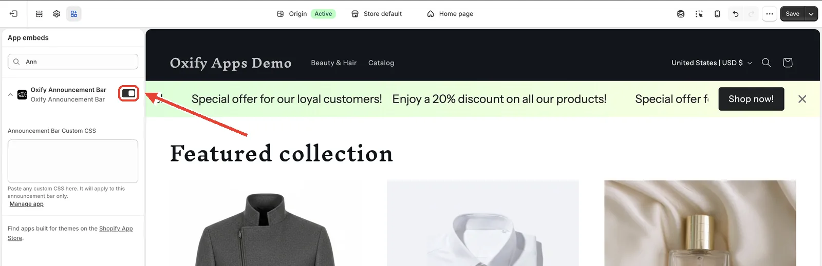 Shopify theme editor App embeds panel with the Oxify Announcement Bar toggle switched on, and the announcement bar visible on the storefront behind it